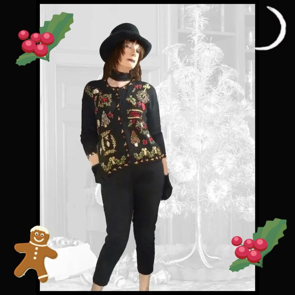 Black Christmas Sweater Lavish Ornate NOT UGLY Holiday Tiara Vintage